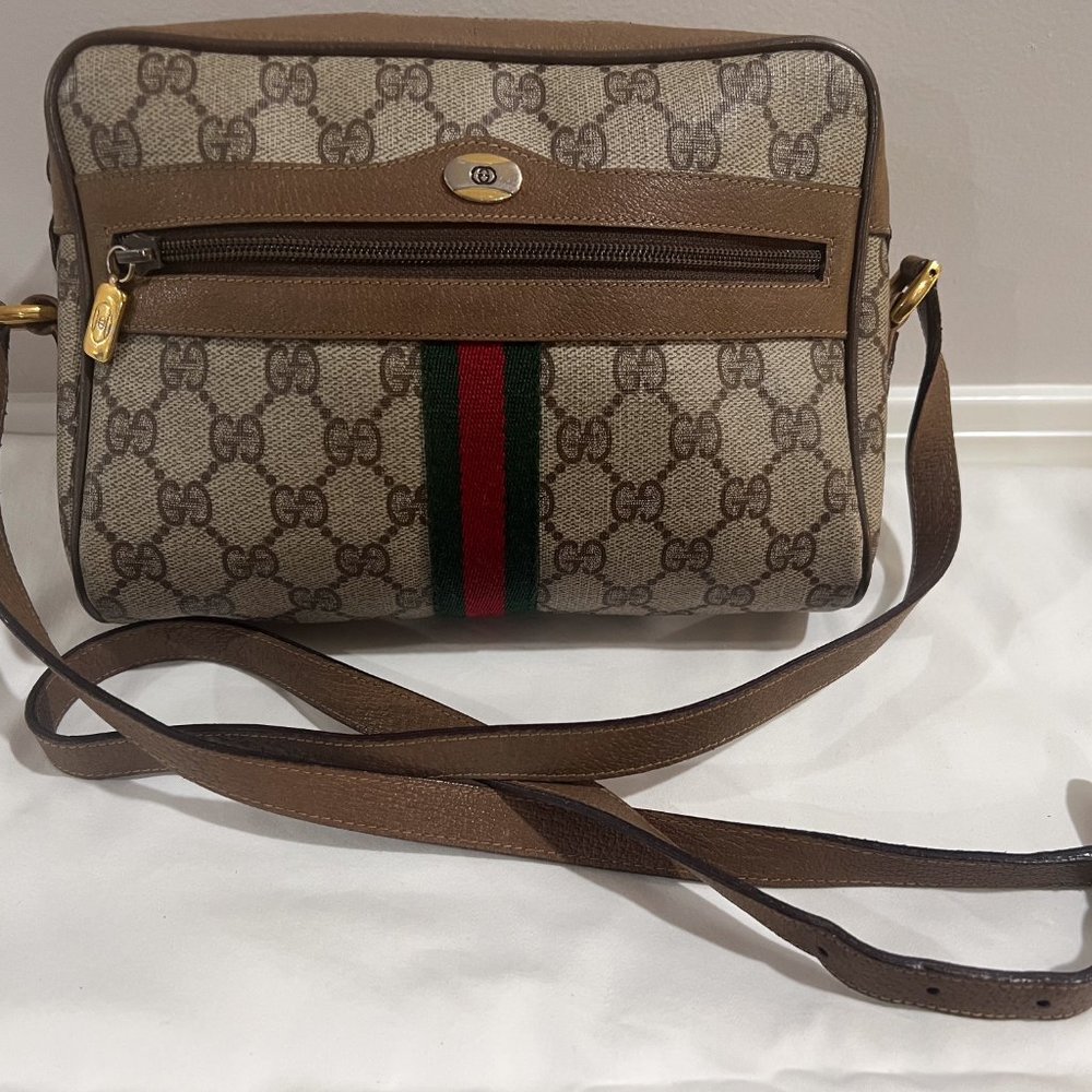 Vintage Gucci Small Shoulder Bag Web Brown GG Coated Canvas (Authentic) - Picture 4 of 12